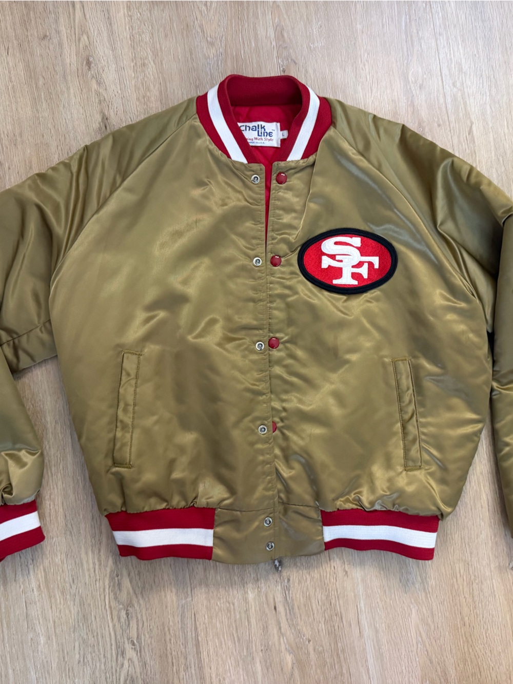 VINTAGE Mens Satin 49er Bomber Jacket Chalkline
